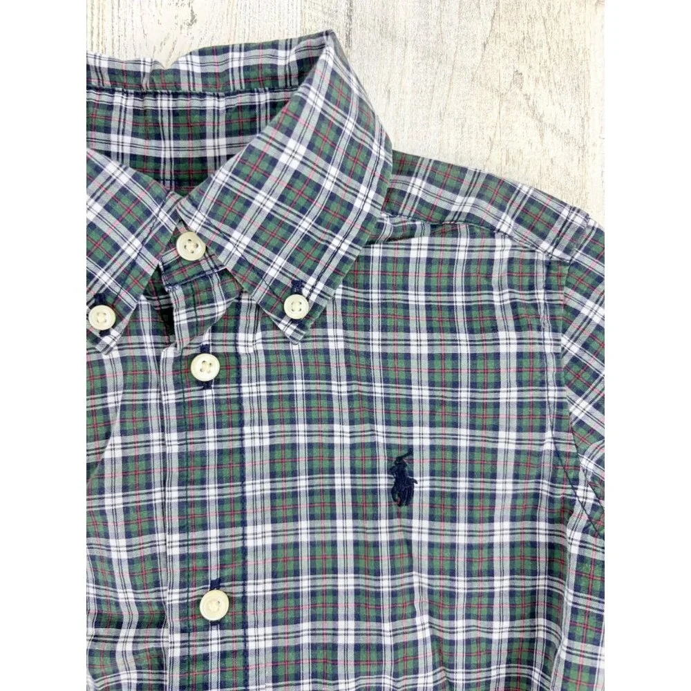 Ralph Lauren Boys Sz 2T Green Plaid Button Down Long Sleeve Shirt Polo Xmas